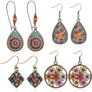 New 4 Pairs Bohemian Vintage Inspired Dangle Earrings Retro Rhinestone Earrings